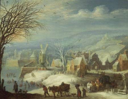 Winter landscape with numerous figures (panel) de Joseph van Bredael