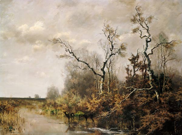 Bog landscape with two deer de Joseph Wenglein