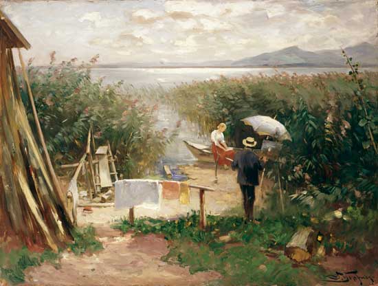 Painter on the Chiemsee shore de Joseph Wopfner