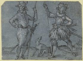 Zwei stehende Krieger, auf ihre Lanzen gestützt, zwischen ihnen ein Hund