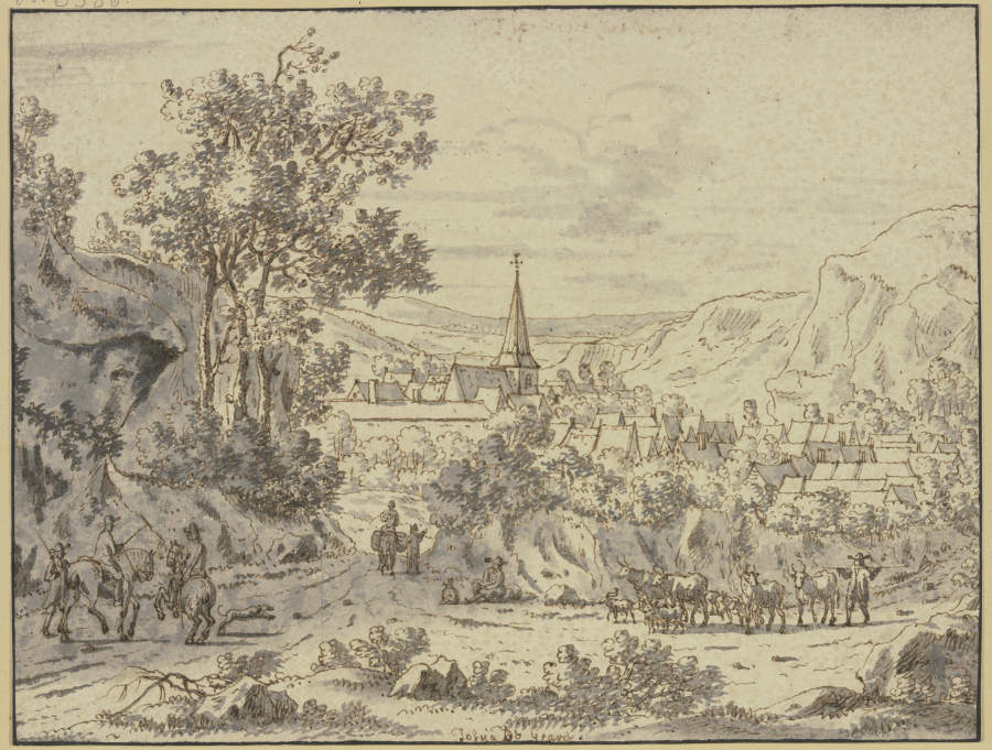 Landschaft mit Dorf, im Vordergrund Reiter und eine Viehherde mit Hirte de Josua de Grave