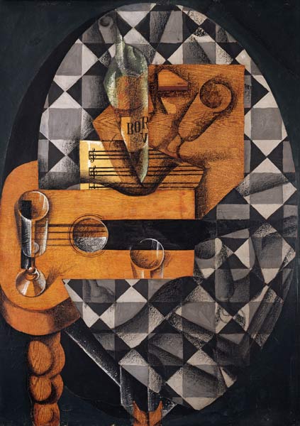 Guitar, Bottle, and Glass, 1914 (pasted papers, gouache & crayon on canvas) de Juan Gris