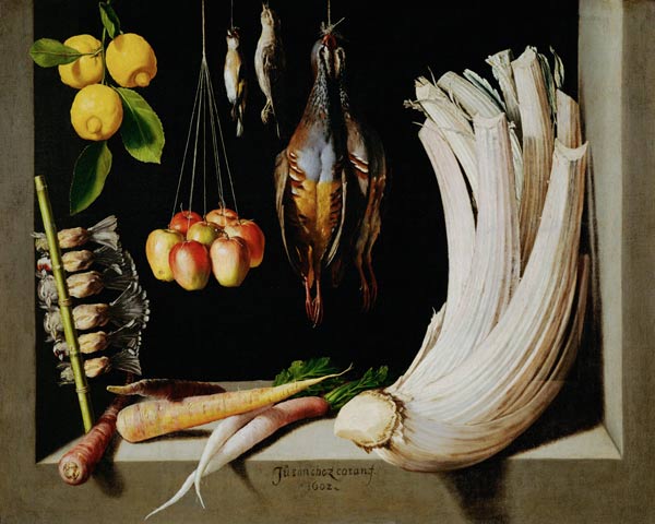 Still life with dead birds, fruit and vegetables de Juan Sanchez Cotan