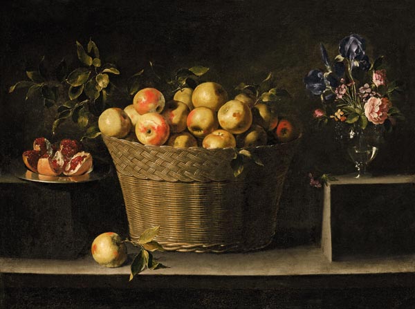 Äpfel in einem Weidenkorb, ein Granatapfel auf einem Silberteller und ein Blumenstrauß in einer Glas de Juan de Zurbaran