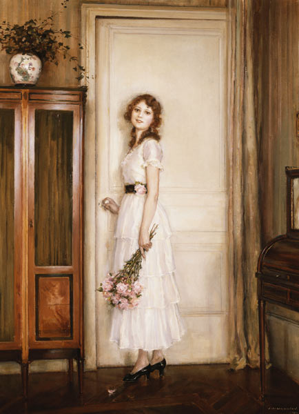 Junge Frau mit einem Rosenstrauß an einer Tür de Jules Alexis Muenier