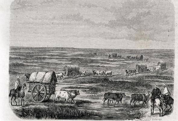 Wagon Train on the Argentinian Pampas in the 1860s, engraved by Alfred Louis Sargent (b.1828) (engra de Jules Antoine Duvaux