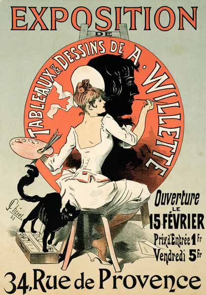 Reproduction of a poster advertising an 'Exhibition of the Paintings and Drawings of A. Willette (18 de Jules Chéret