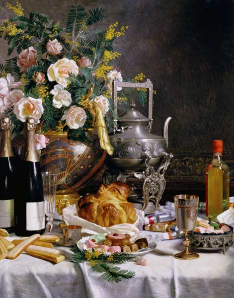 Champagner, Gebäck and Kuchen auf einer gedeckten Tafel de Jules Larcher