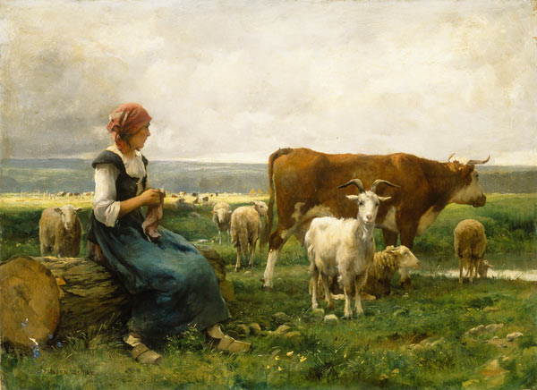 Hirtin with sheep, cow and goat de Julien Dupré