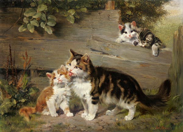 Cat mother with three boys de Julius Adam