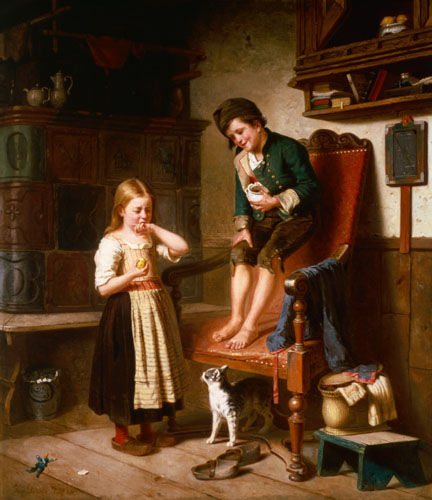 Two children with cat at a tiled stove de Julius Geerts