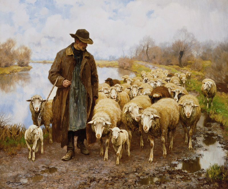 Ein Schäfer mit seiner Herde am See. de Julius Hugo Bergmann