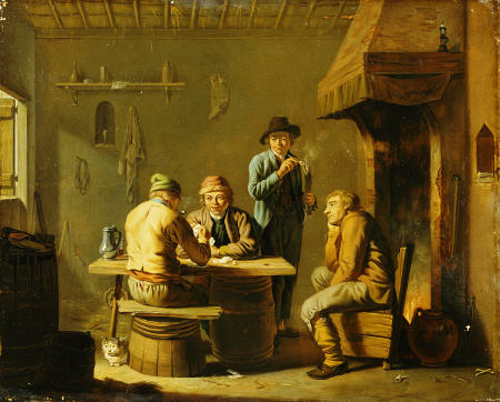 Peasants Playing Cards By A Cottage Fire de Justus Juncker