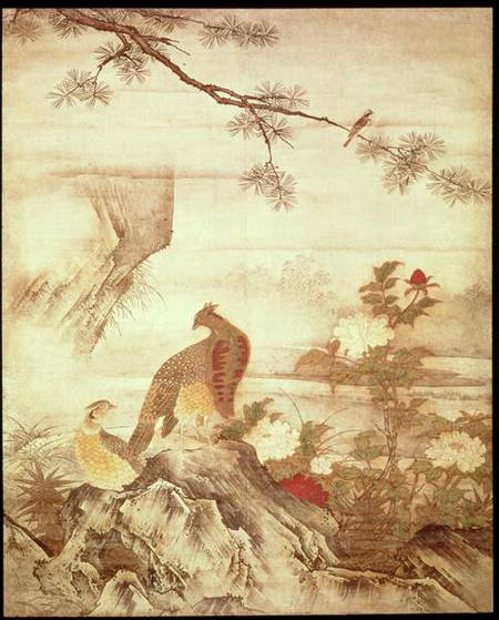 Pheasants and peonies, from a series of scrolls representing Birds and Flowers of the Four Seasons, de Kano  Motonobu