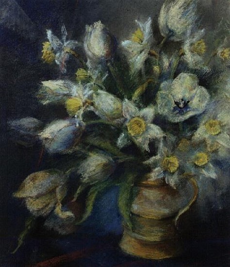 Daffodils, Ice Follies and Tulips, Diana in a brown jug (pastel)  de Karen  Armitage