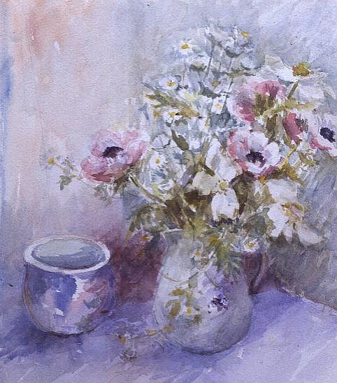 Still life of pink and white anemones with blue bowl (w/c)  de Karen  Armitage
