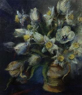 Daffodils, Ice Follies and Tulips, Diana in a brown jug (pastel) 