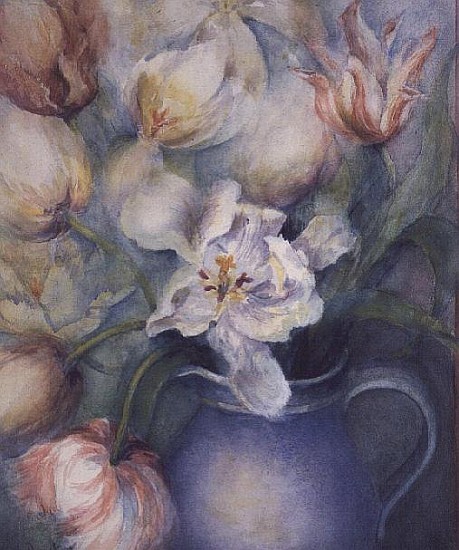 Tulips in a blue jug, white parrot and china pink  de Karen  Armitage