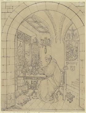 Albertus Magnus in einem gotischen Zimmer studierend, links sein Hund, rechts eine Schildkröte