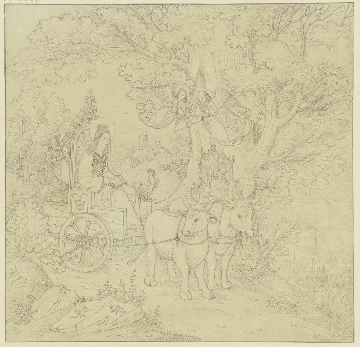 Die Heilige Elisabeth auf einem mit Ochsen bespannten Wagen, von Engeln geleitet de Karl Ballenberger