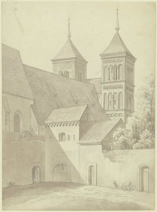 Romanische Kirche mit zwei Türmen, vorn der Klosterhof de Karl Ballenberger