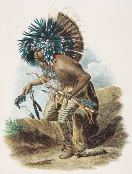 Medicine man of the Mandan tribe in the costume of the Dog Dance, 1834 (colour litho) de Karl Bodmer