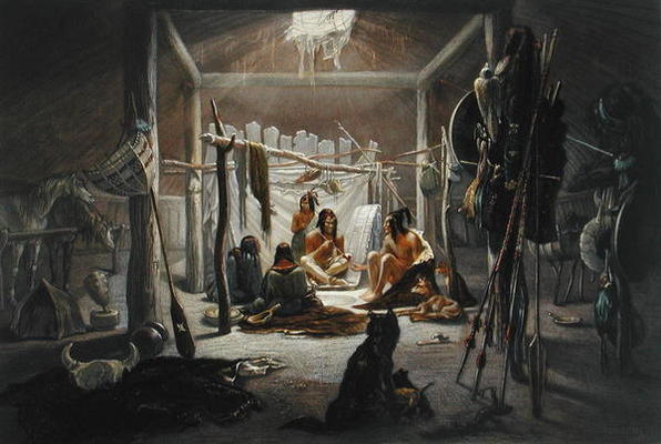 The Interior of the Hut of a Mandan Chief, plate 19 from Volume 2 of 'Travels in the Interior of Nor de Karl Bodmer