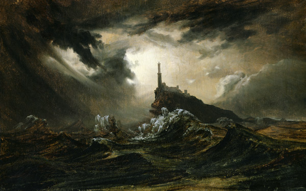 Tormenta en el mar con faro de Carl Eduard Ferdinand Blechen