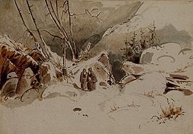 Camino cubierto de nieve con monjes