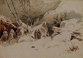 Camino cubierto de nieve con monjes de Carl Eduard Ferdinand Blechen