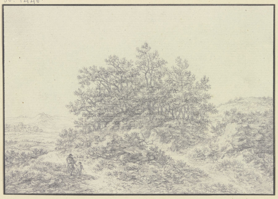 Baumpartie auf steinigem Gelände, im Vordergrund ein Mann und ein Kind de Karl Franz Kraul