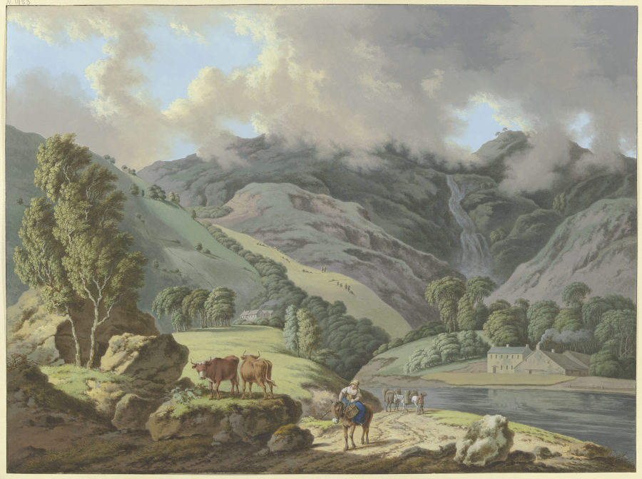 Berglandschaft mit einem Wasserfall und Flüßchen im Vordergrund de Karl Franz Kraul