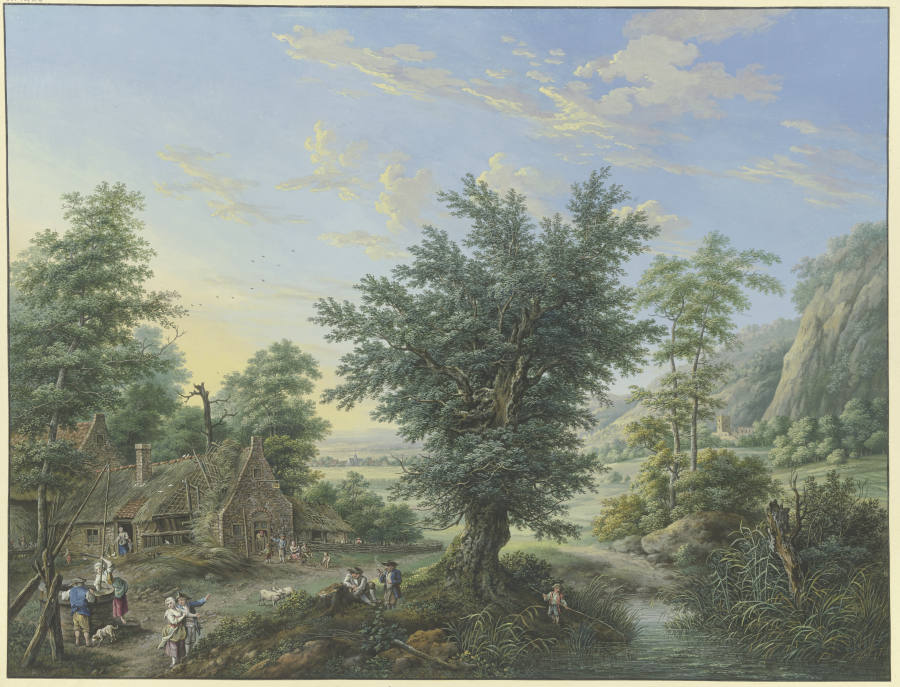 Reiche Landschaft mit Bäumen, Wiesen und Dörfern, vorne links eine Hütte mit Ziehbrunnen und vielen  de Karl Franz Kraul