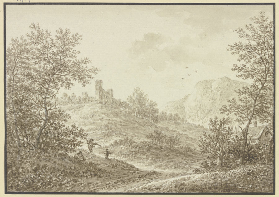 Waldausgang mit Blick auf einen Hügel mit einer Ruine, im Vordergrund drei Figuren und rechts ein Ba de Karl Franz Kraul