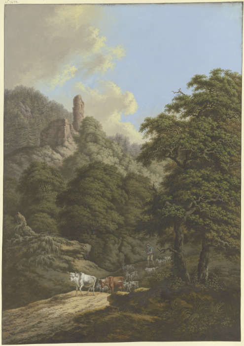 Waldige Berglandschaft mit einer Burgruine, ein Hirte treibt seine Herde von der Weide de Karl Franz Kraul