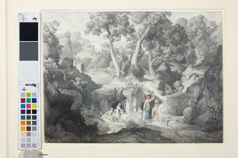 Heroische Landschaft mit Landleuten beim Brunnen de Karl Heinrich Dreber
