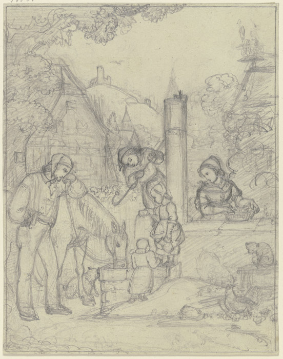 Knecht mit Pferd und Bauernkindern an einem Dorfbrunnen de Karl Sandhaas