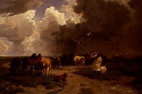Pusztalandschaft with horse herd and storm pulling de Károly Lotz