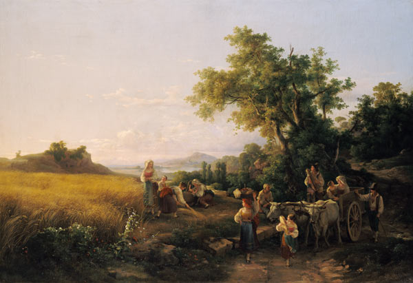 Italian landscape with ox cars during the grain ha de Károly Markó