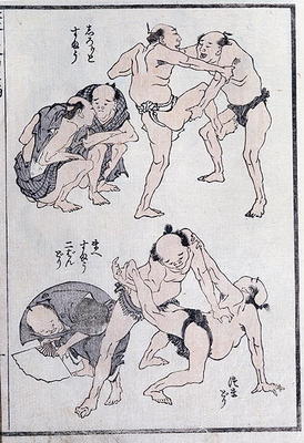 Studies of gestures and postures of wrestlers, from a Manga (colour woodblock print) de Katsushika Hokusai