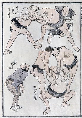 Studies of gestures and postures of wrestlers, from a Manga (colour woodblock print) de Katsushika Hokusai