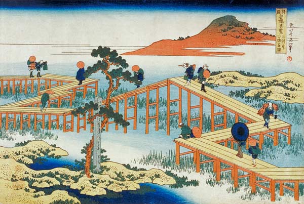 Eight part bridge, province of Mucawa, Japan, c.1830 (wood block print) de Katsushika Hokusai