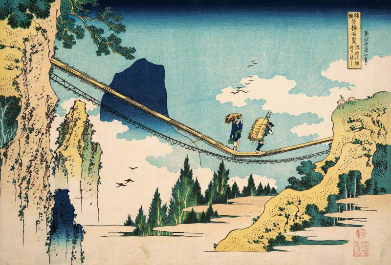 The Suspension Bridge Between Hida and Etchu (woodblock print) de Katsushika Hokusai