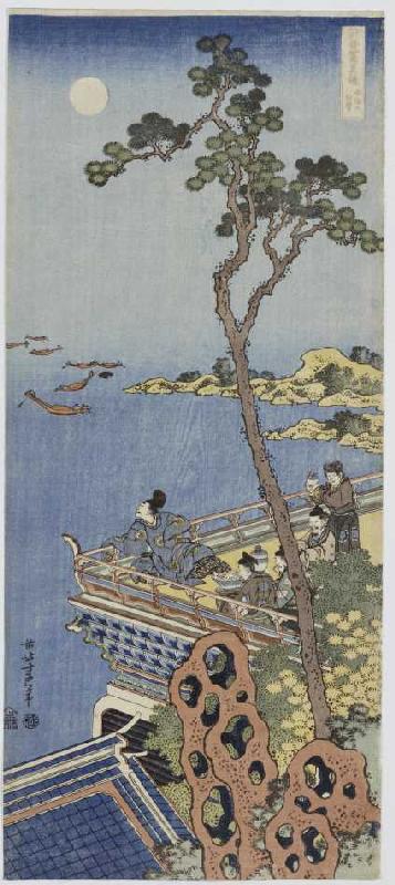 Ein Höfling auf einem Balkon eines chinesischen Pavillons, bei Mondlicht in die Ferne blickend. de Katsushika Hokusai