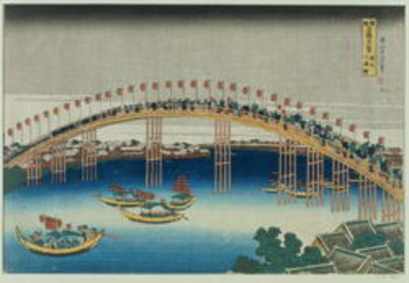 Procession over a Bridge (colour woodblock print) de Katsushika Hokusai