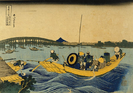 Vista al brillo de la noche del Puente Ryogoku de Onmayagashi de Katsushika Hokusai
