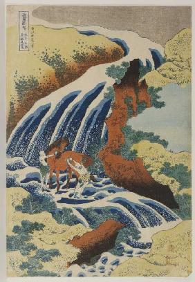 Zwei Männer waschen ein Pferd an einem Wasserfall.