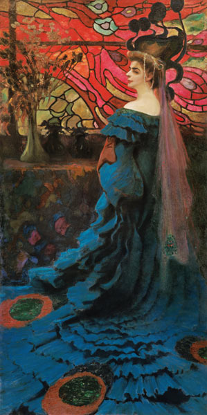 Woman in front of a glass window (the peacock) por de Kazimierz Stabrowski