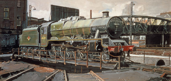 Jubilee Turnaround, Hawke 45652 Jubilee Class Locomotive on Camden turntable, London (oil on canvas) de Kevin 