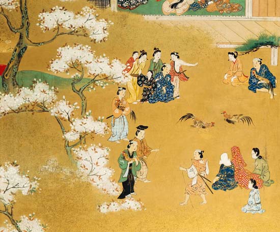 A Detail From An Eight-Leafed Screen In Sumi  Depicting a Cock Fight Beneath Cherry Tree Blossoms de Kitagawa  Utamaro